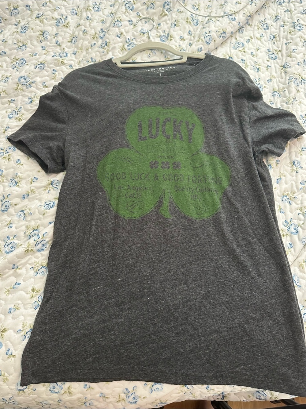 Lucky Brand Gray Tee with Green Clover Graphic